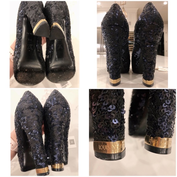 LOUIS VUITTON Dark Midnight Blue Sequin Glitter Sparkle Peep Toe Platform Pumps - Picture 15 of 17